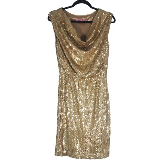 NWT Eliza J Gold Sequin Metallic Drape Neck Mini Cocktail Dress Size 4 New - Picture 1 of 13